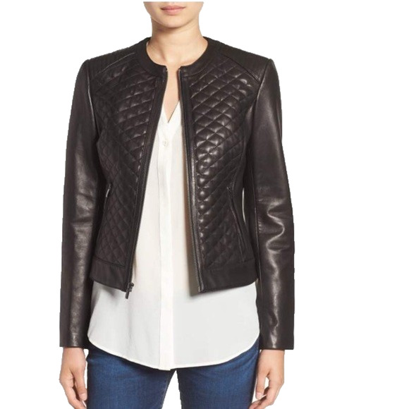 Cole Haan Quilted Leather Moto Jacket Lamb Black Zip Front Long Sleeve Pockets L - Picture 1 of 14